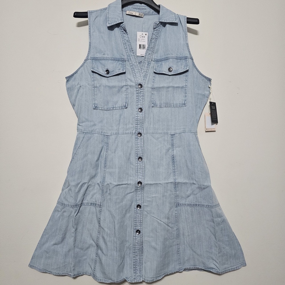 Dex Women's Dress Plus Size X Fits 14/14W/Large Denim Blue Pocket Sleeveless 321